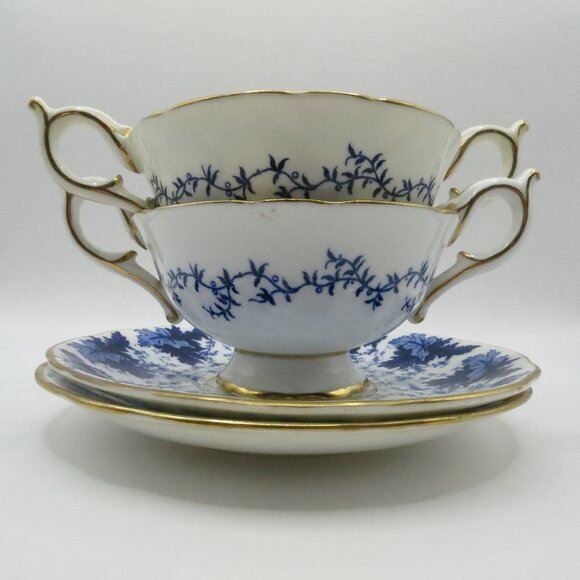 Coalport Cream Soup Bouillon Cup Saucer Set of 2 Blue White Leaves Ivy 5590K - Picture 1 of 15
